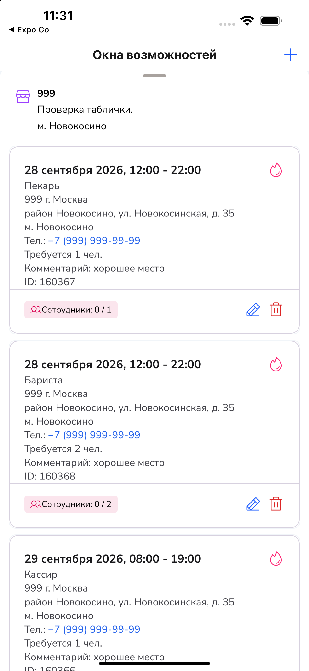 Развернутый список окон точки